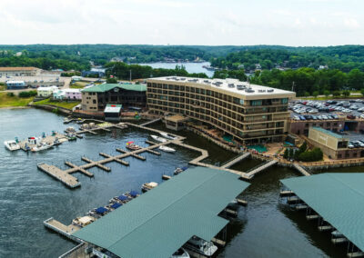 Aerial view showing docks and resort from the lake of the ozarks, camden on the lake resort
