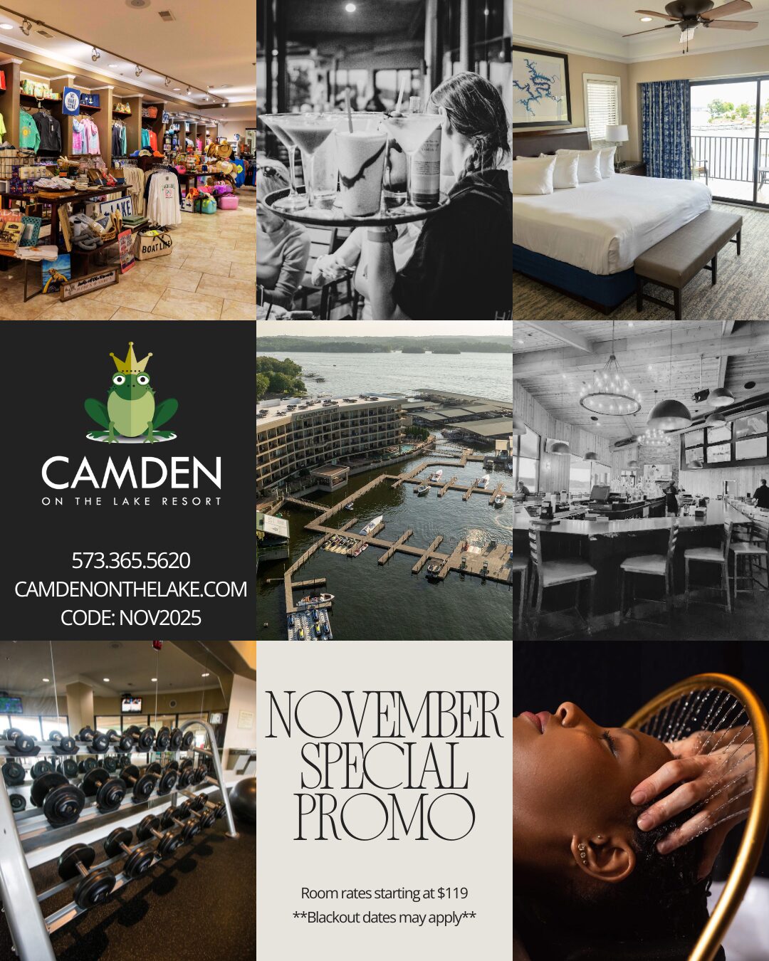 Camden on the Lake Resort November promo collage featuring rooms, spa, dining, and marina views.
